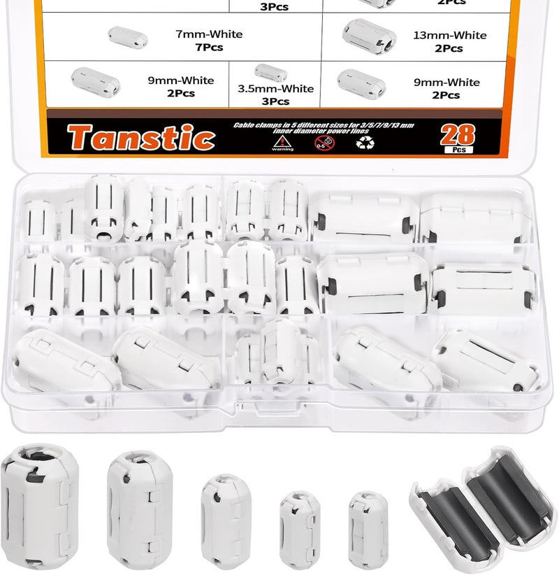 Tanstic 28Pcs White Clip-on Ferrite Ring Core RFI EMI Noise Suppressor Cable Clip for 3.5mm 5mm 7mm 9mm 13mm Diameter Cable - Image 1